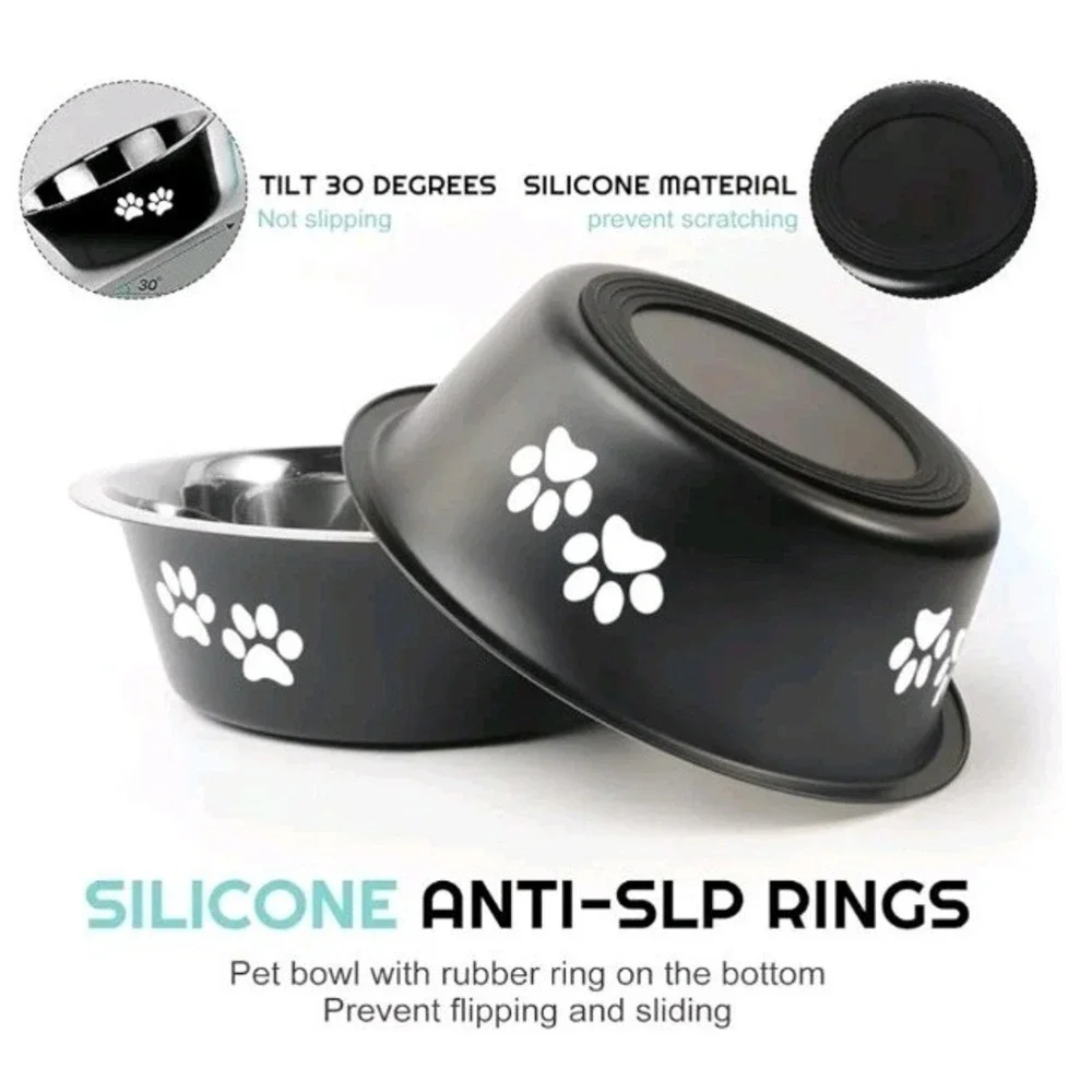 Greendale Set of 2 Stainless Steel Pet Bowls Midnight Black Paw Print 6.4 Cups